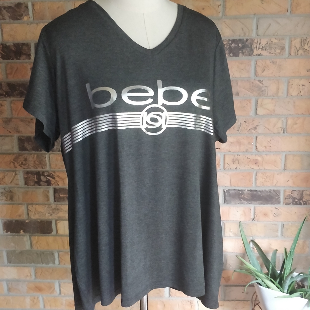 NWT Bebe Sport Heather Gray Tee silver logo 2XL